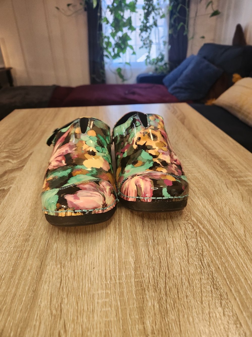 Rocky 4EurSole floral patent leather work clogs mules. 